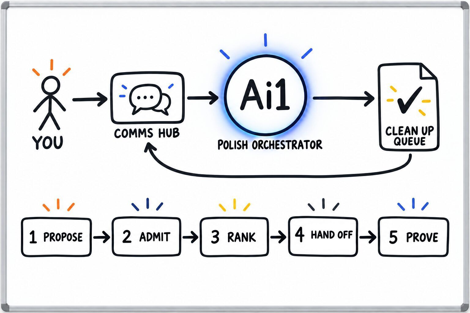 How the Polish Orchestrator works: you ask through the Comms Hub and Ai1 runs the steps: propose, admit, rank, hand off and prove. It returns a clean up queue.