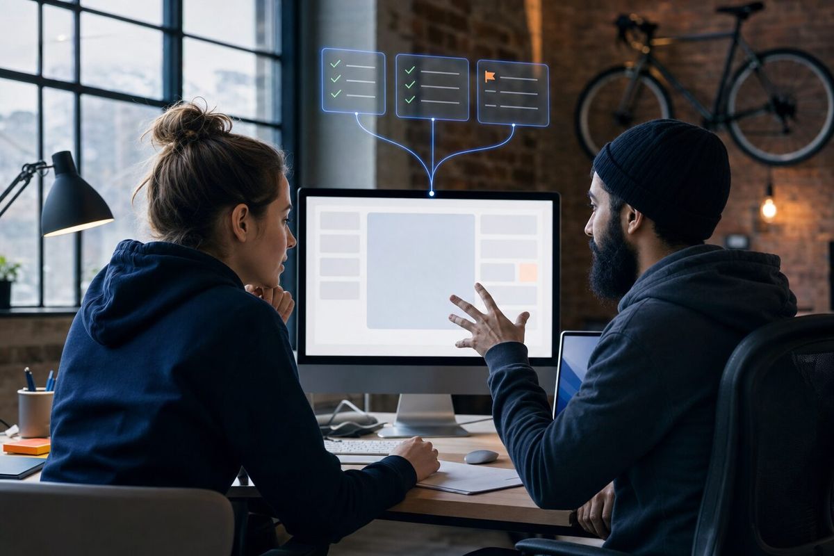 Illustrative photo: the Code Review Agent at work for the development team at a small software agency, laying out results as blue panels above a desktop monitor.