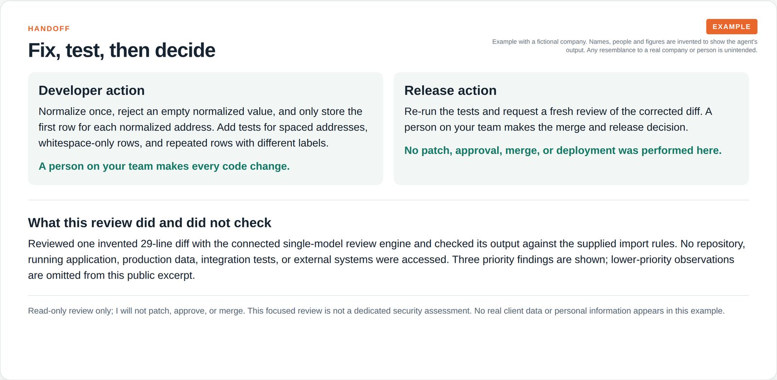 Developer and release next steps, with clear limits on what the reviewer checked.