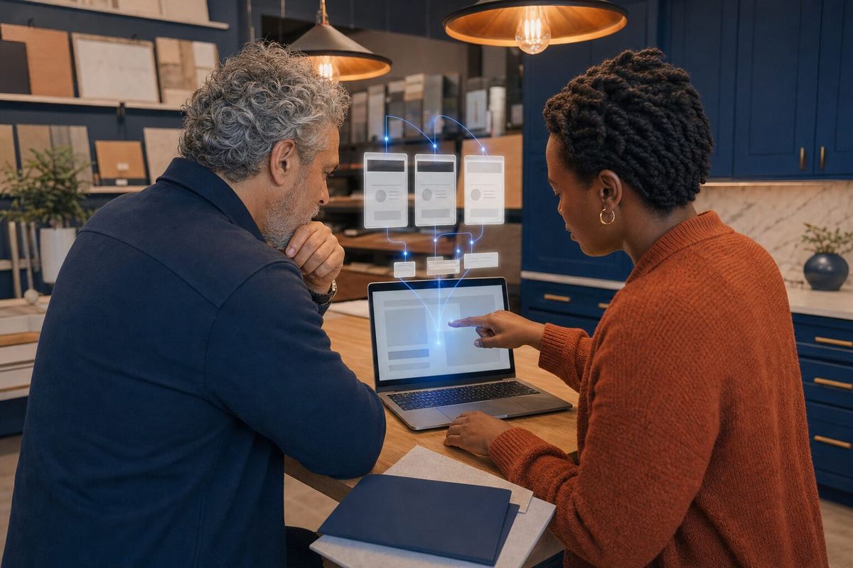 Illustrative photo: the Competitor Analyst at work for the owner and sales adviser of a family-run kitchen-and-bath showroom, laying out results as blue panels above a laptop.