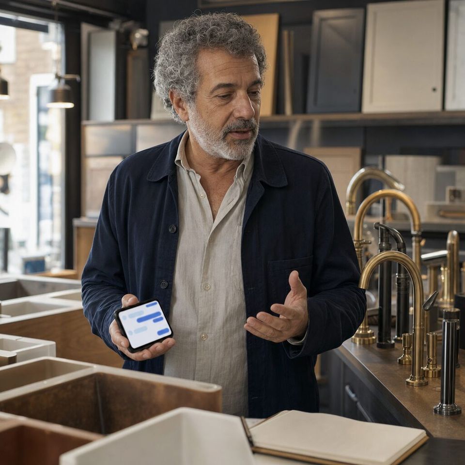 Illustrative photo: the owner of a family-run kitchen-and-bath showroom asks the Competitor Analyst for help from their phone.