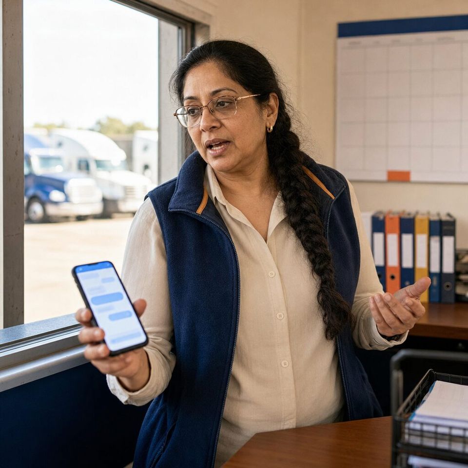 Illustrative photo: the office manager of a family-run trucking company asks the Compliance Calendar Keeper for help from their phone.
