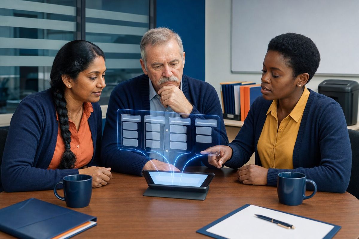 Illustrative photo: the Compliance Manager at work for the owner and office staff of a small payroll-services bureau, laying out results as blue panels above a tablet.