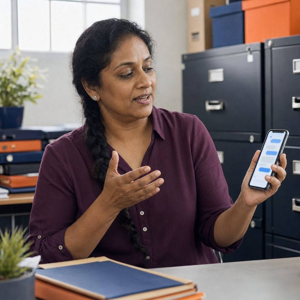 Illustrative photo: the office manager of a small payroll-services bureau asks the Compliance Manager for help from their phone.