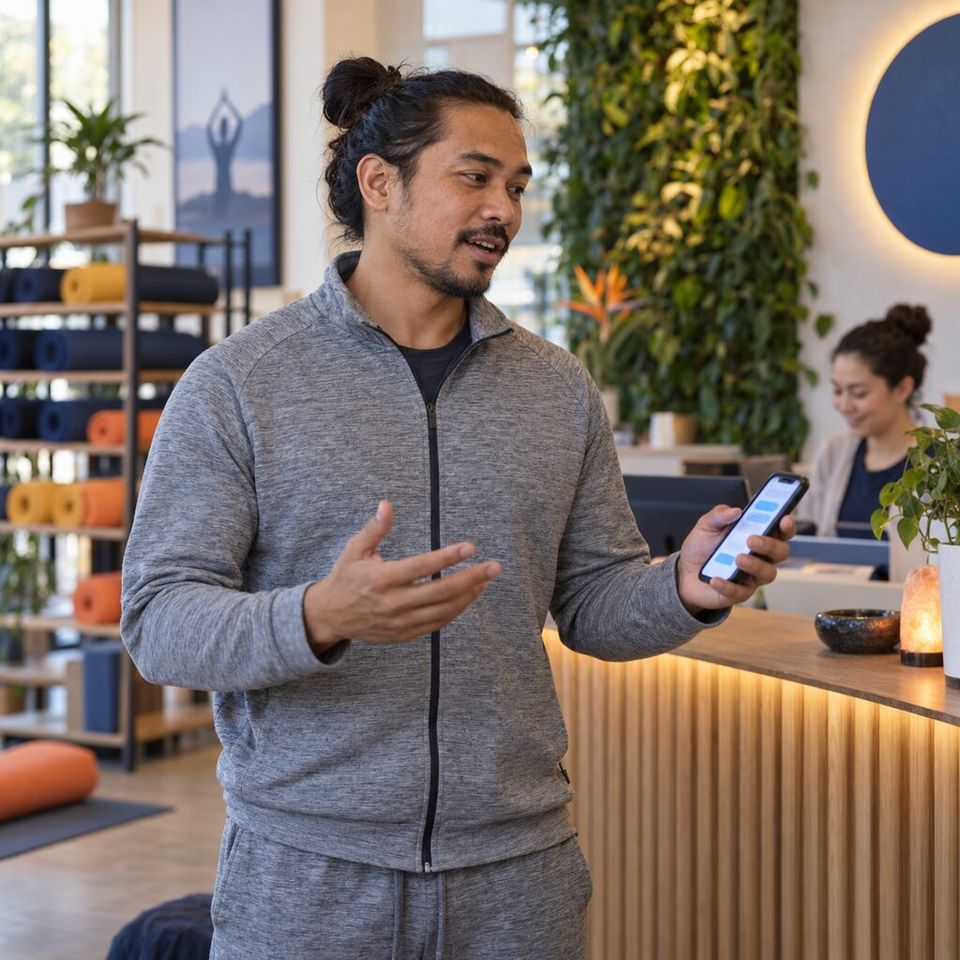 Illustrative photo: the owner of a small group of yoga and pilates studios asks the Concierge for help from their phone.