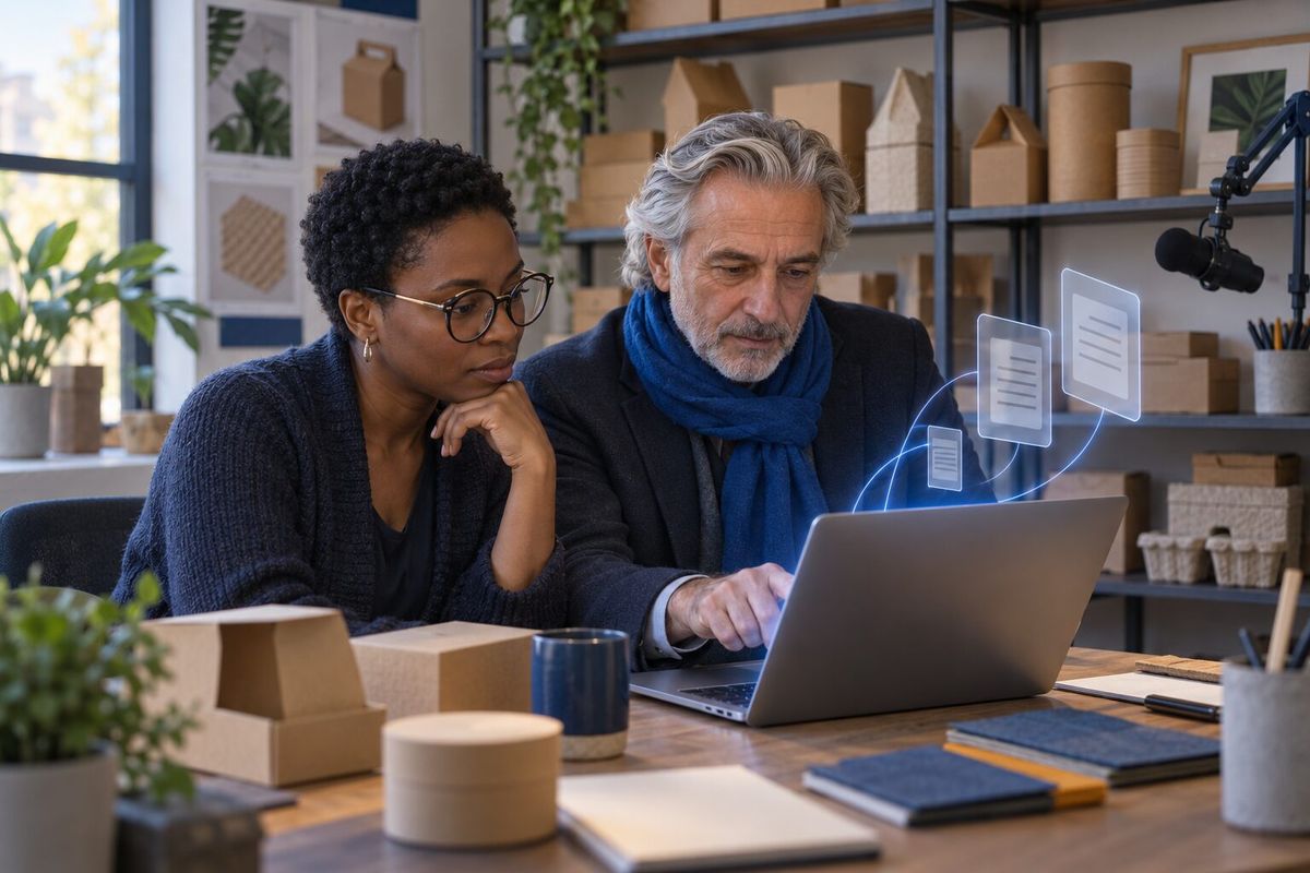 Illustrative photo: the Content Repurposer at work for the marketing manager and founder of a sustainable-packaging supplier, laying out results as blue panels above a laptop.