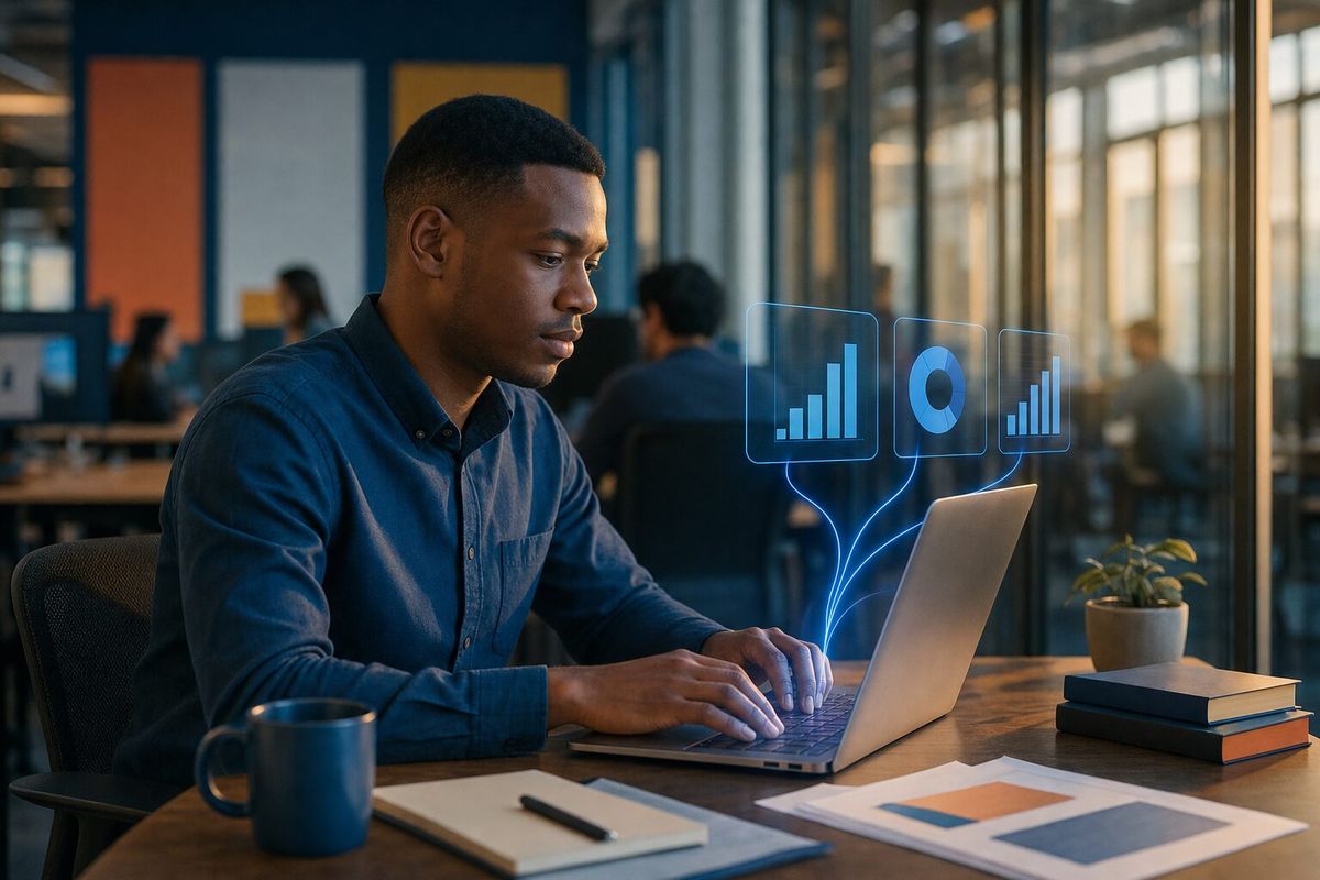 Illustrative photo: the Continuous Improvement Agent at work for the operations analyst, laying out results as blue panels above a laptop.