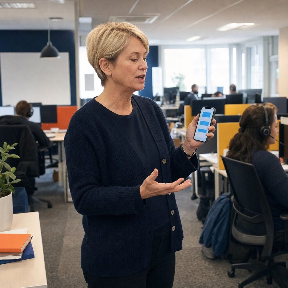 Illustrative photo: the operations director of a customer-service business asks the Continuous Improvement Agent for help from their phone.