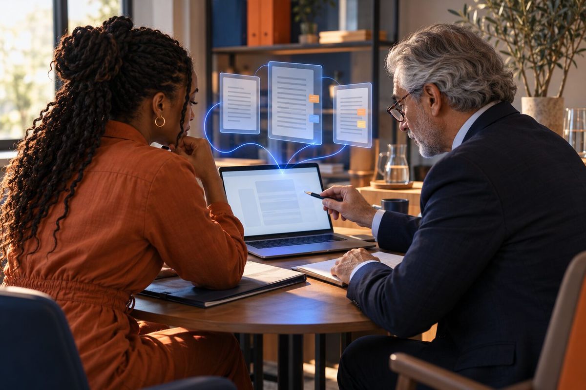 Illustrative photo: the Contract Drafter at work for the owner of a small event-staffing agency and her lawyer, laying out results as blue panels above a laptop.