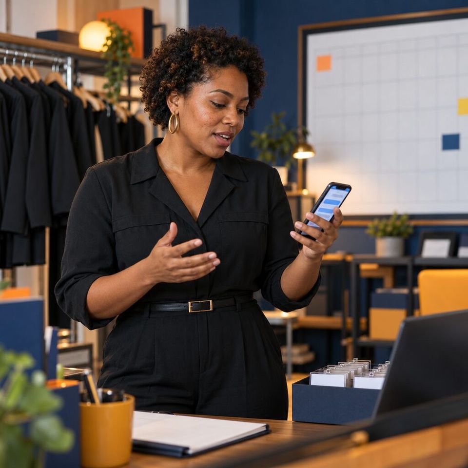 Illustrative photo: the owner of a small event-staffing agency asks the Contract Drafter for help from their phone.