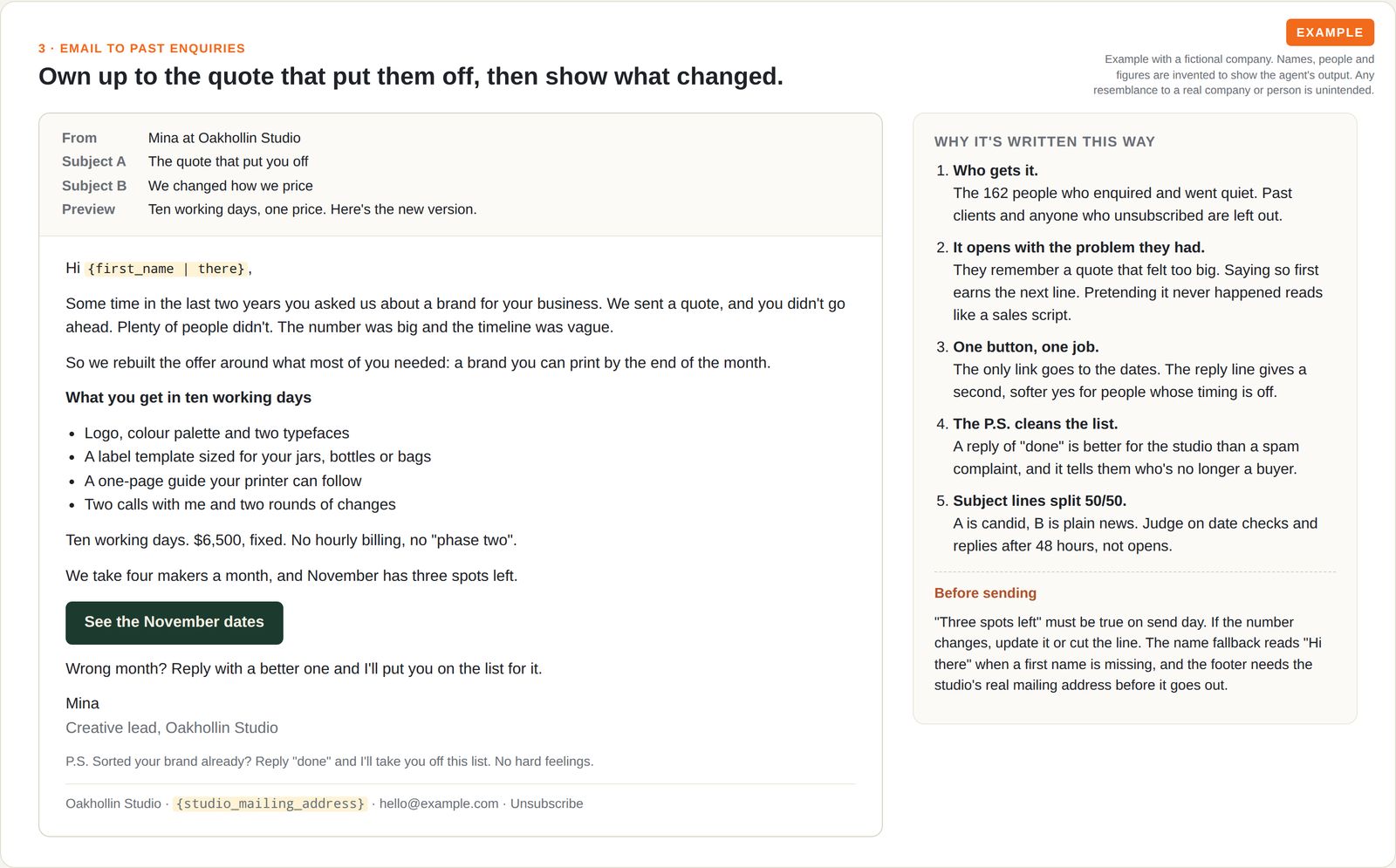 Example email to people who enquired before and didn't buy, with two subject lines and the reasoning
