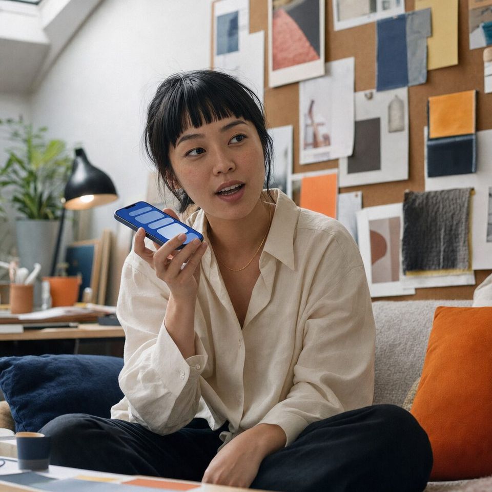 Illustrative photo: the creative lead at a small branding studio asks the Copywriter for help from their phone.