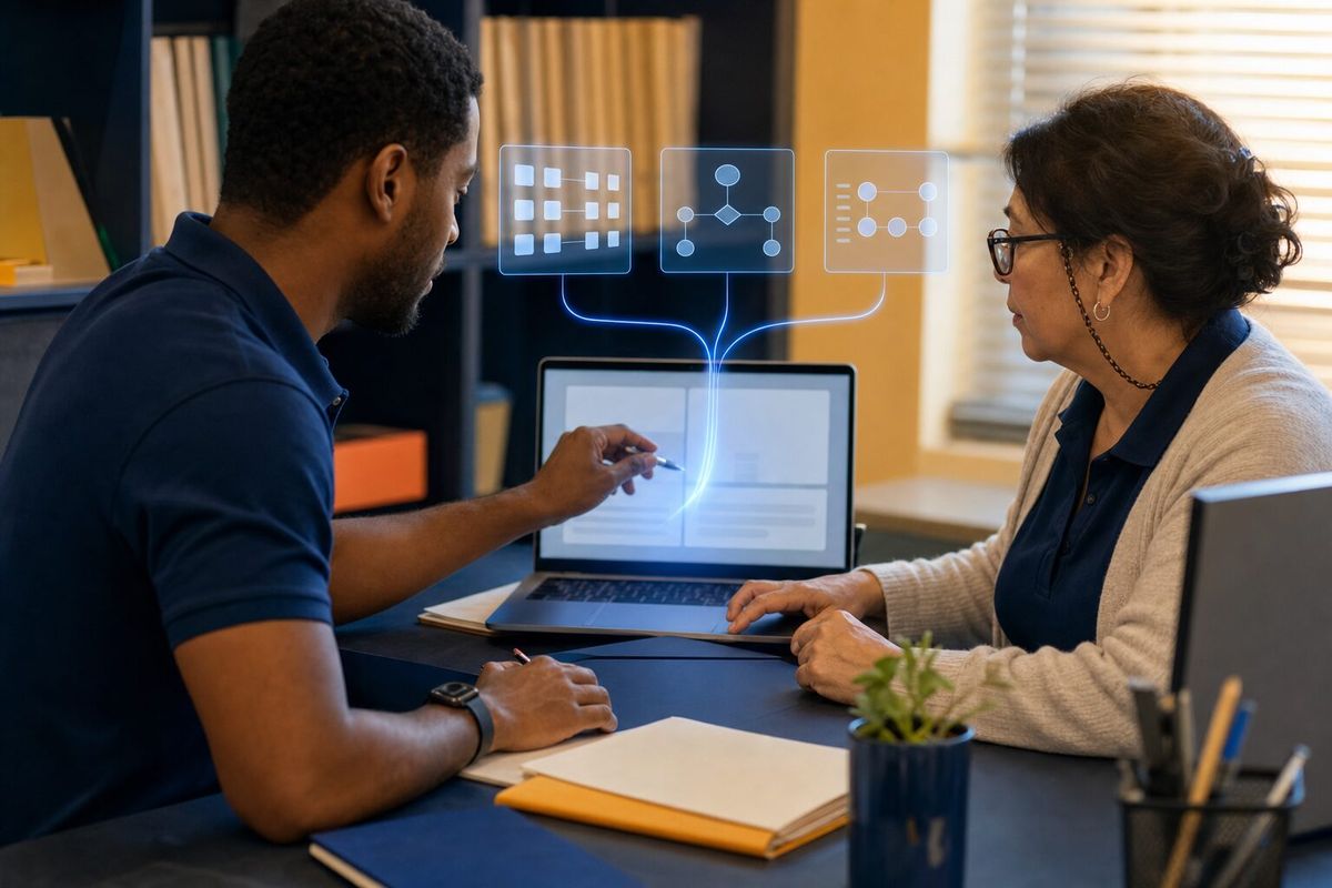 Illustrative photo: the Credentials Agent at work for the clinic team connecting their booking, email and accounts tools, laying out results as blue panels above a laptop.