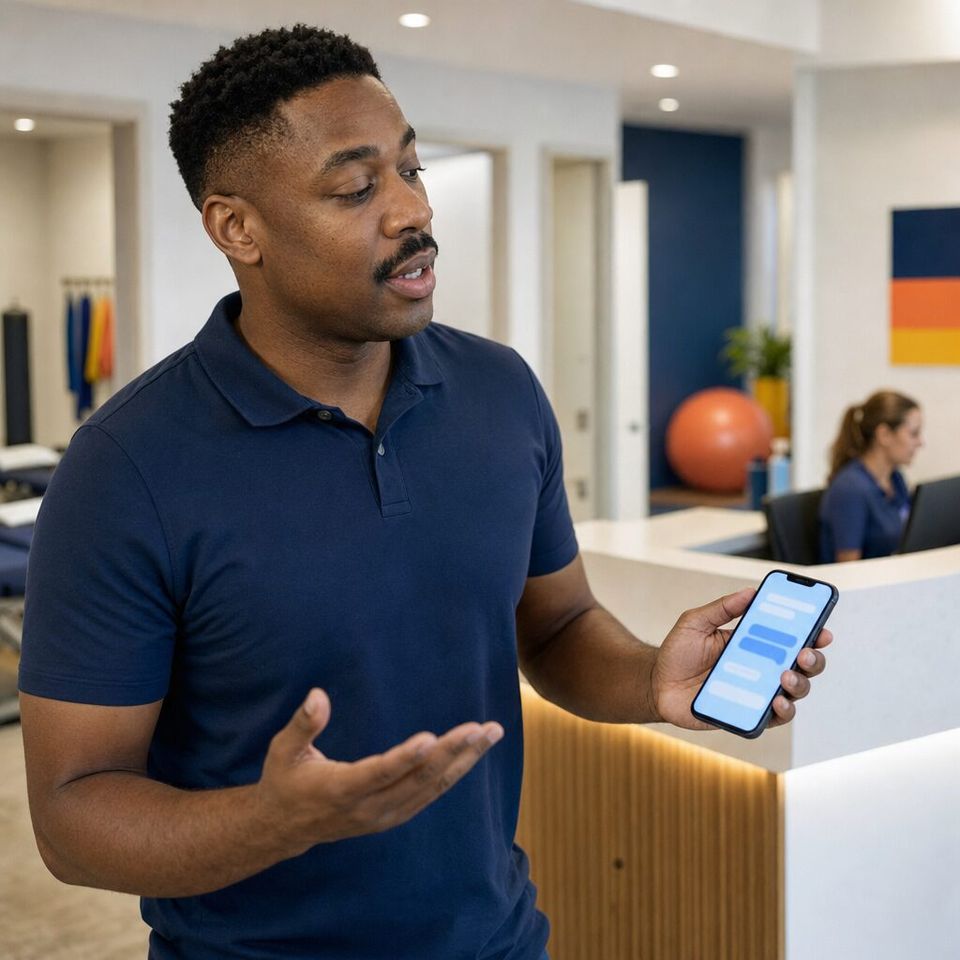 Illustrative photo: the practice manager of a physiotherapy clinic asks the Credentials Agent for help from their phone.