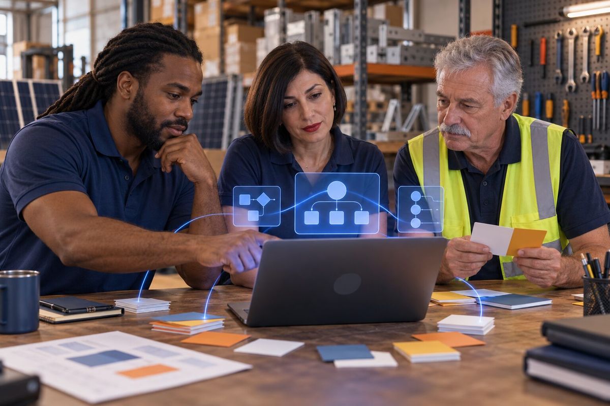 Illustrative photo: the CRM Synch at work for the sales and installation leads of a solar installation company, laying out results as blue panels above a laptop.