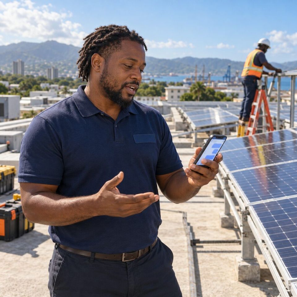 Illustrative photo: the head of sales at a solar installation company asks the CRM Synch for help from their phone.