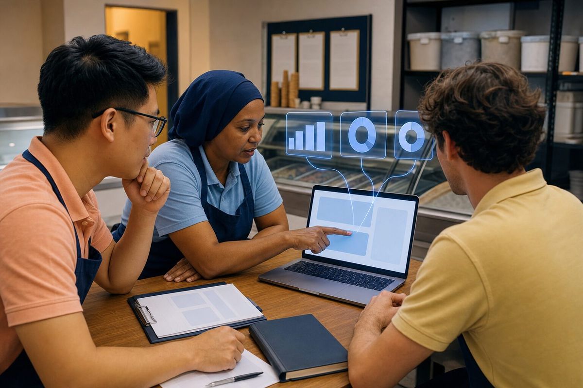 Illustrative photo: the Customer Sentiment Analyst at work for the owner and shop managers of a regional chain of ice-cream parlours, laying out results as blue panels above a laptop.