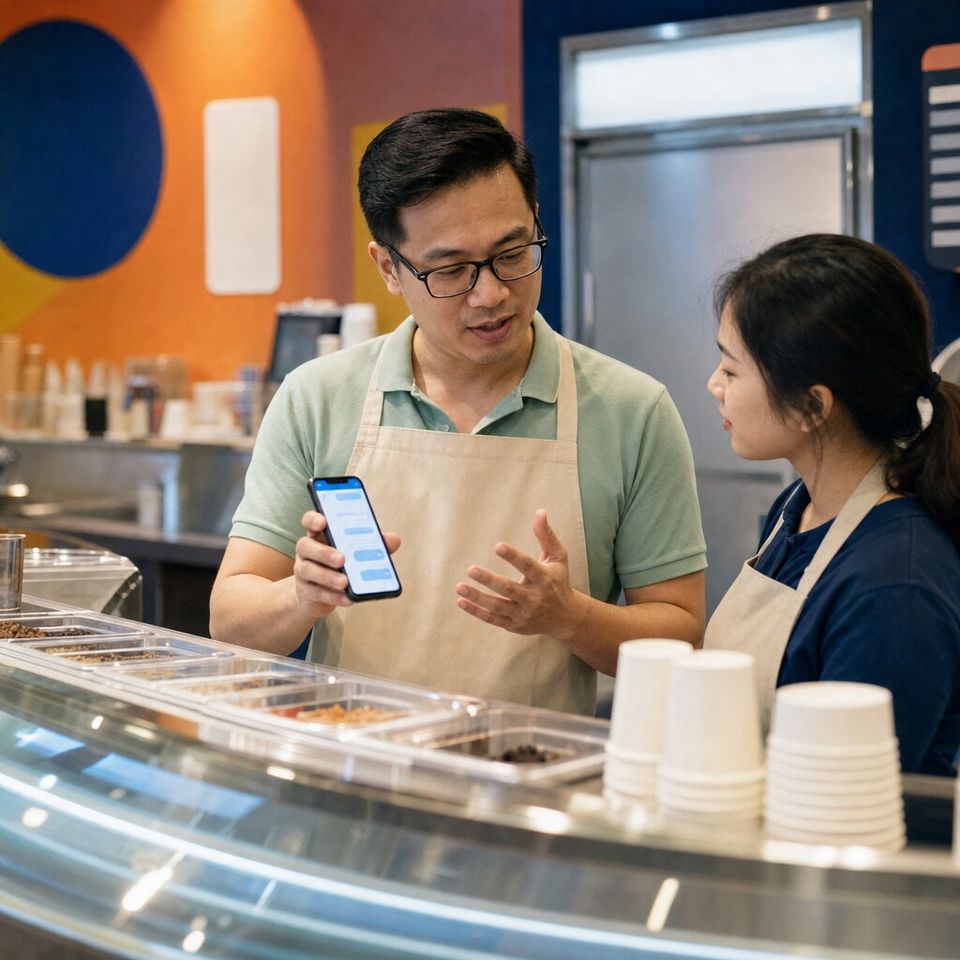 Illustrative photo: the owner of a regional chain of ice-cream parlours asks the Customer Sentiment Analyst for help from their phone.