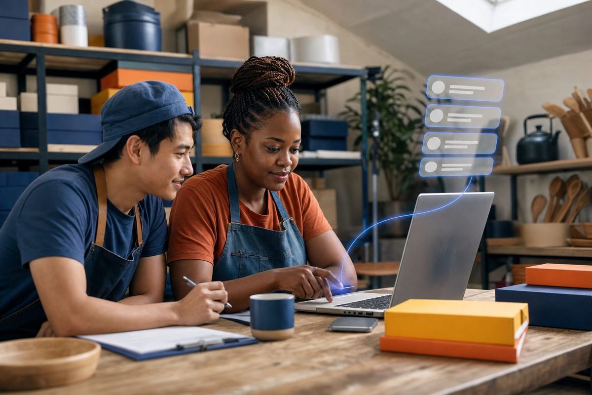 Illustrative photo: the Customer Support Agent at work for the owner and helper of an online cookware shop, laying out results as blue panels above a laptop.