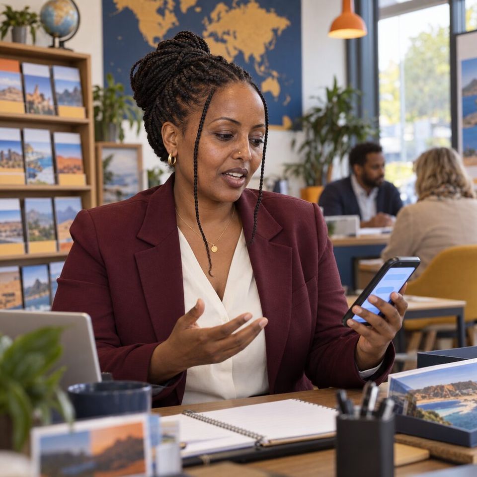 Illustrative photo: the operations and compliance lead of an independent travel agency asks the Data & Privacy Governance Officer for help from their phone.