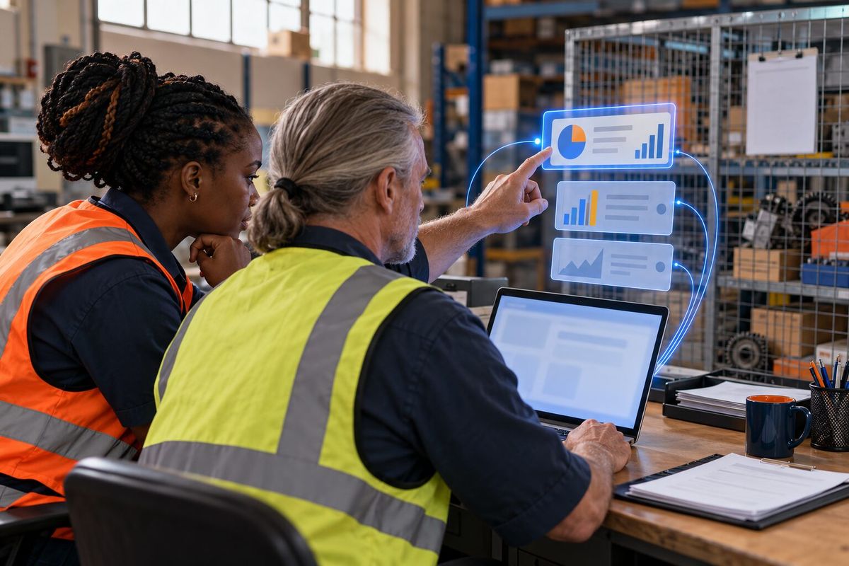 Illustrative photo: Dead Stock & Returns at work for the owner and counter manager of a small farm-machinery parts supplier, laying out results as blue panels above a laptop.