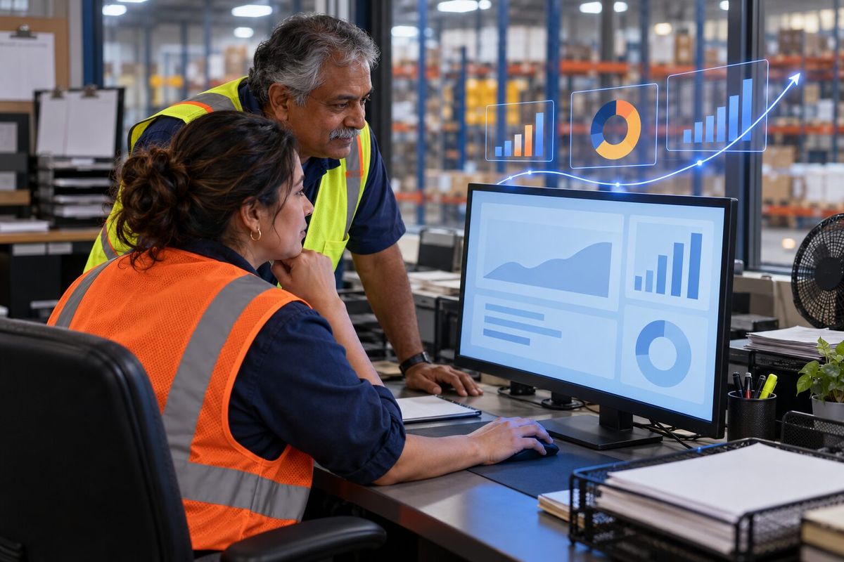 Illustrative photo: the Demand Forecaster at work for the owner and purchasing manager of a family-run truck-parts distributor, laying out results as blue panels above a monitor.