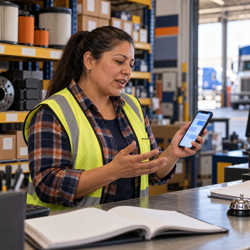 Illustrative photo: the owner of a family-run truck-parts distributor asks the Demand Forecaster for help from their phone.