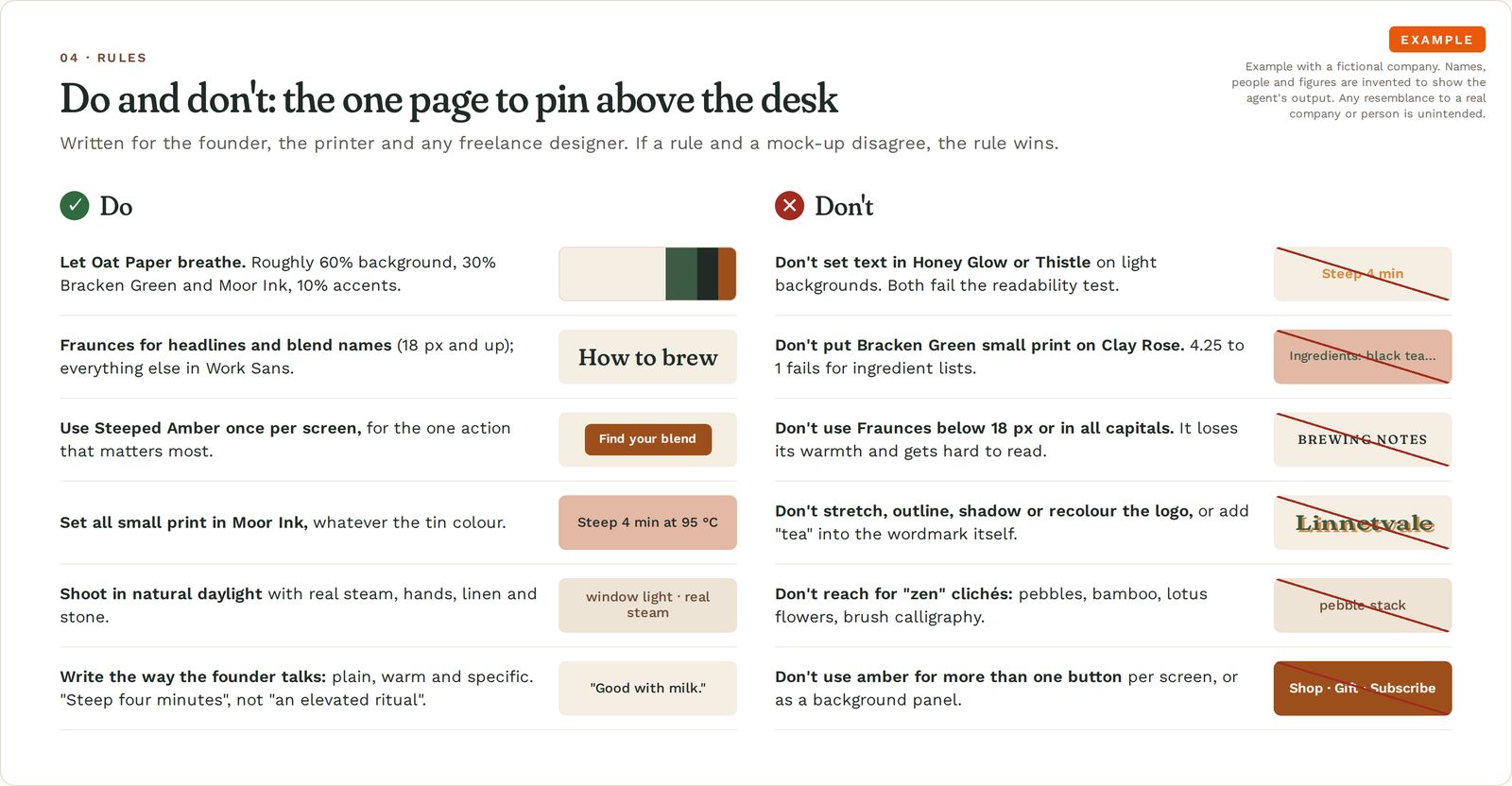 Two columns of six brand rules each, a green tick list and a red cross list, each with a small visual example such as a readable ink label or a crossed-out stretched logo.