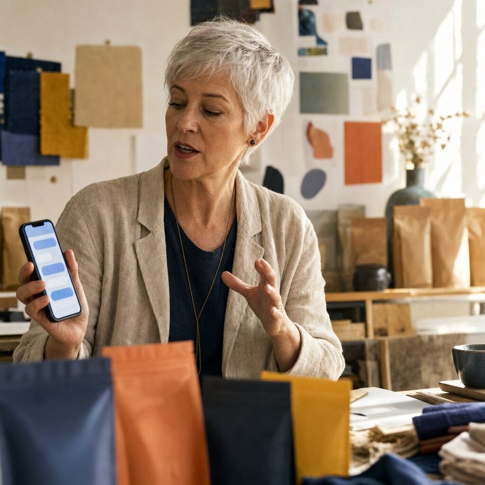 Illustrative photo: the founder of a new tea brand asks the Designer for help from their phone.