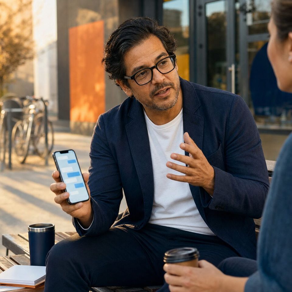Illustrative photo: the chief technology officer of a fitness-app start-up asks the Dev Strategist for help from their phone.