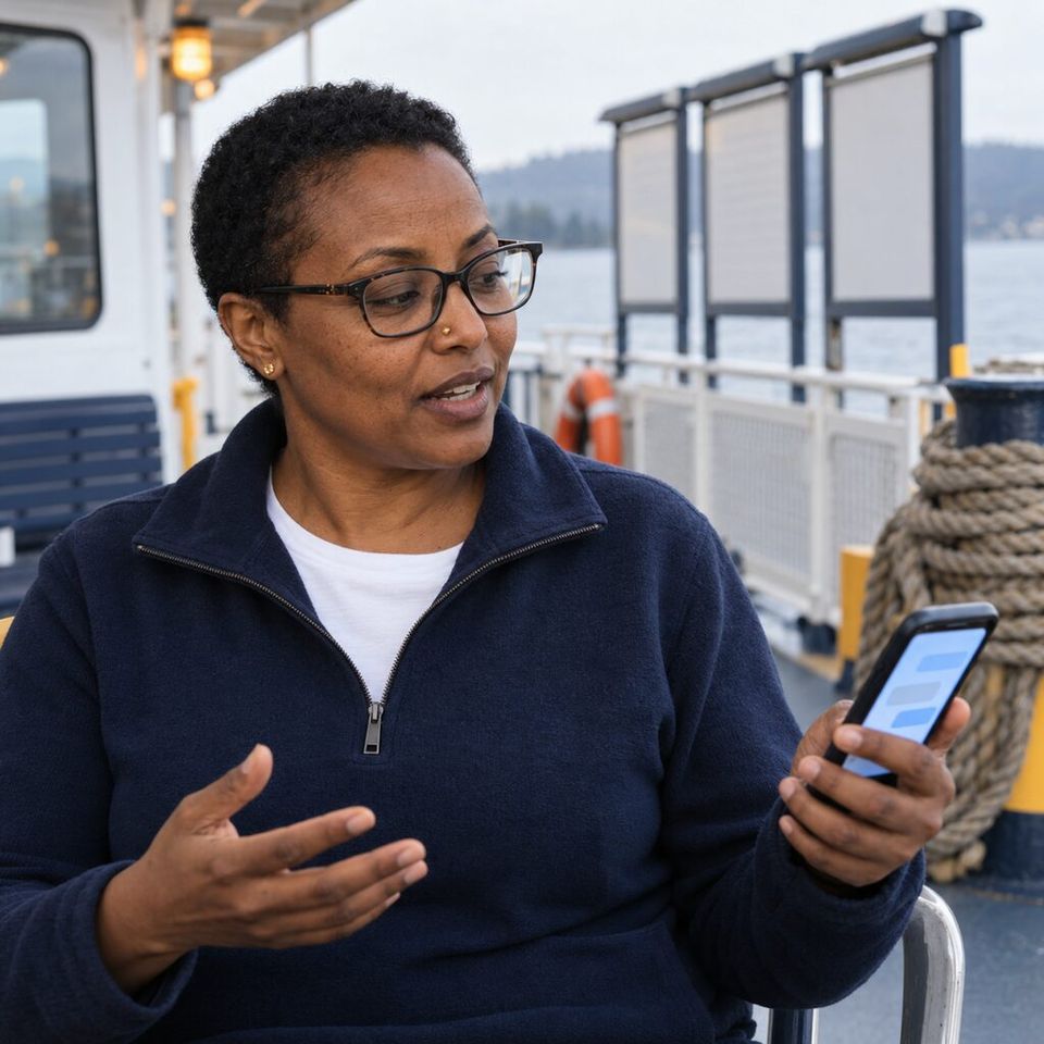 Illustrative photo: the technology lead at a regional ferry and boat-tour operator asks the Dev Strategist (GPT) for help from their phone.