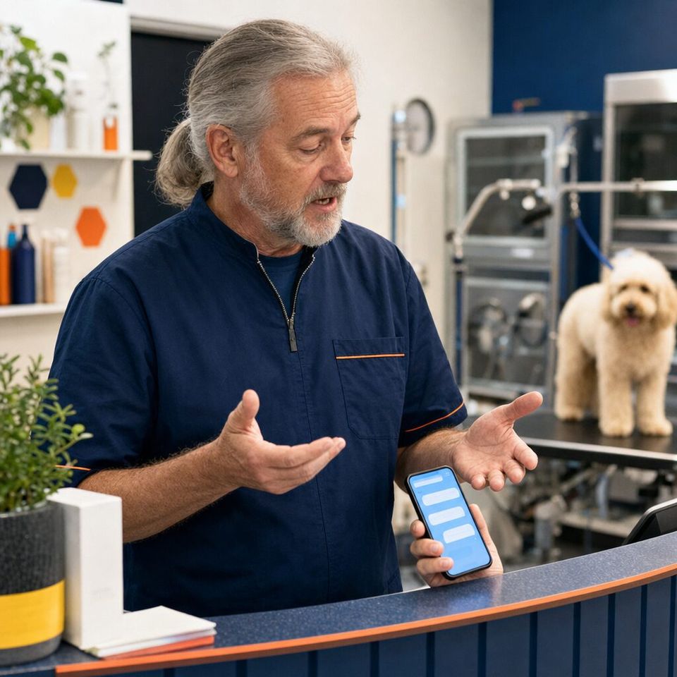 Illustrative photo: the owner of a dog-grooming salon with its own booking website asks the Developer for help from their phone.