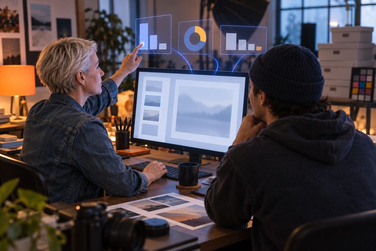 Illustrative photo: the Disk Health at work for the owner and assistant of a photography studio, laying out results as blue panels above a monitor.