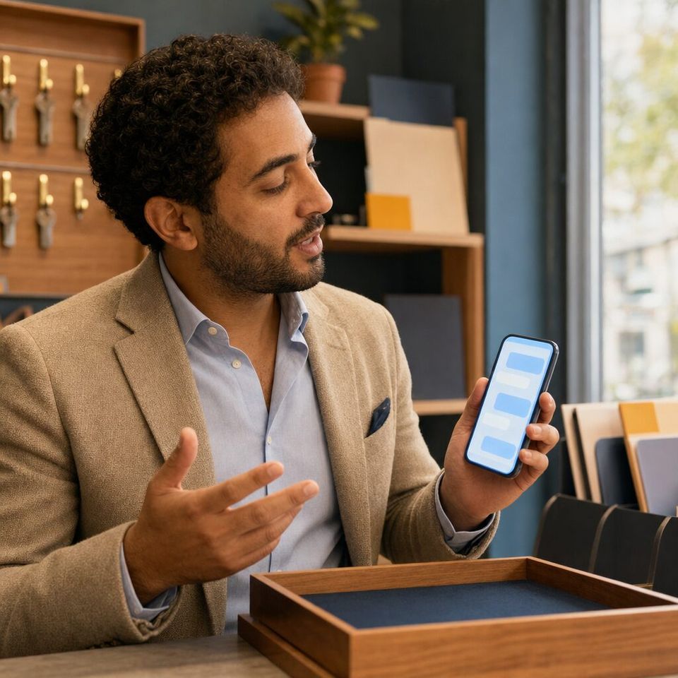 Illustrative photo: the owner of a family-run estate agency asks the Email Agent for help from their phone.