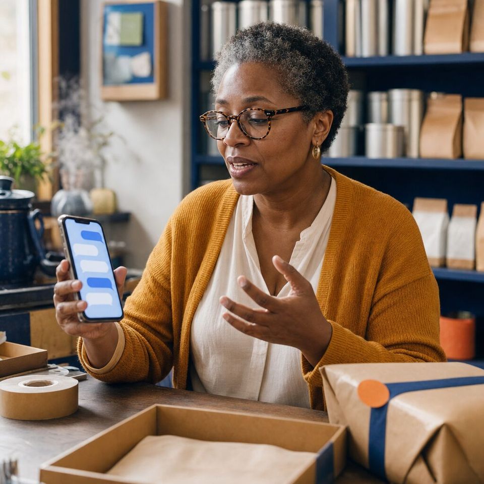 Illustrative photo: the owner of an online tea shop asks the Email Marketing Manager for help from their phone.