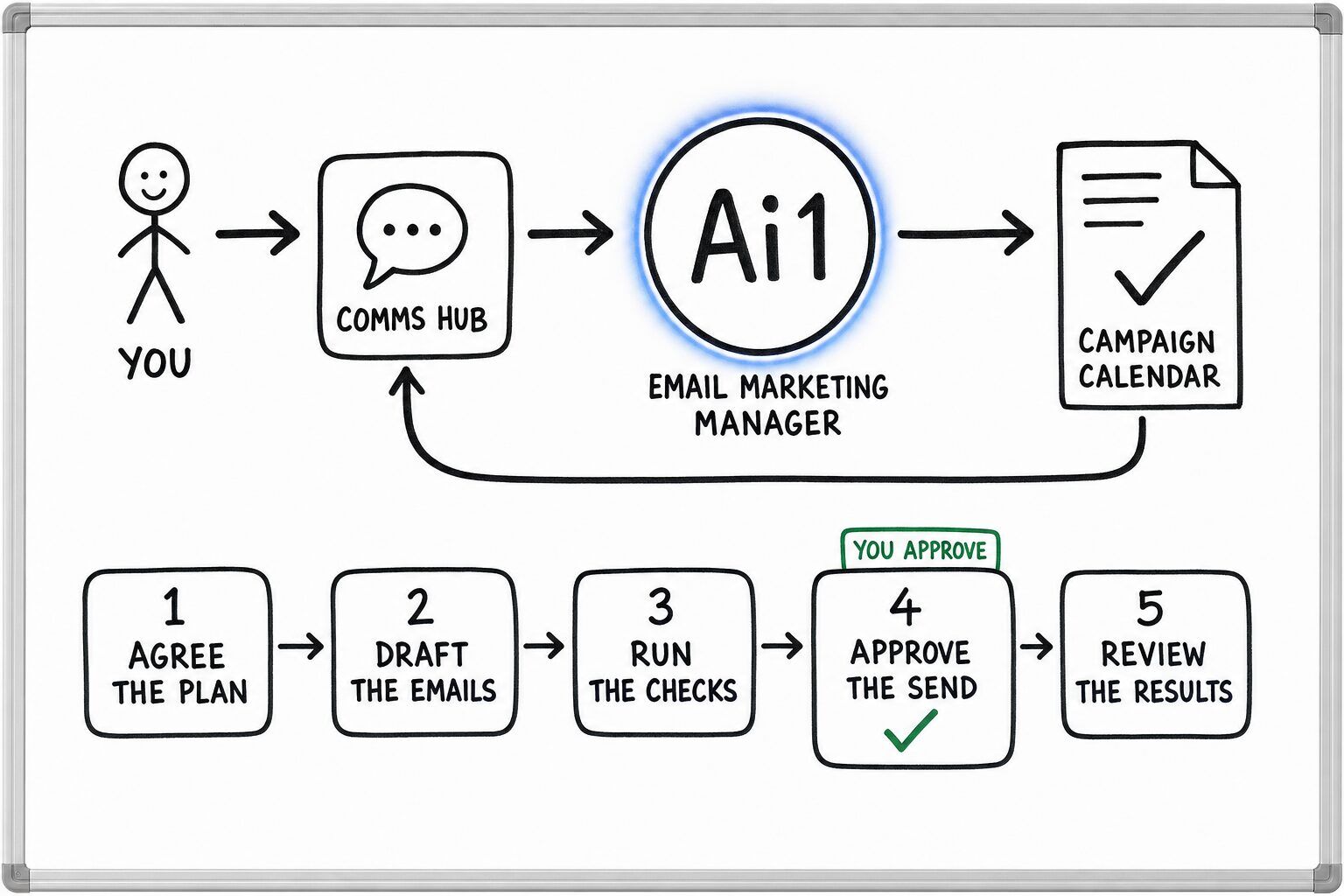 How the Email Marketing Manager works: you ask through the Comms Hub and Ai1 runs the steps: agree the plan, draft the emails, run the checks, approve the send and review the results. You approve at: approve the send. It returns a campaign calendar.