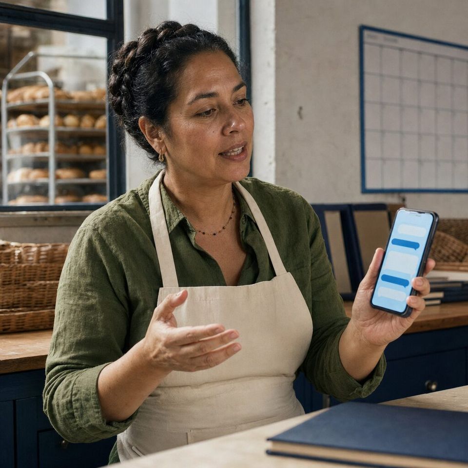 Illustrative photo: the owner of a family-owned bakery chain asks the Employee Engagement Agent for help from their phone.