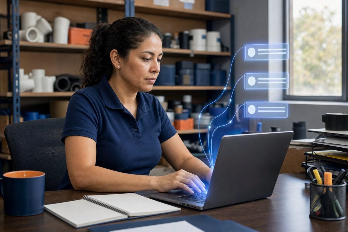 Illustrative photo: the Phone & Text Assistant at work for the office coordinator at the same plumbing business, laying out results as blue panels above a laptop.