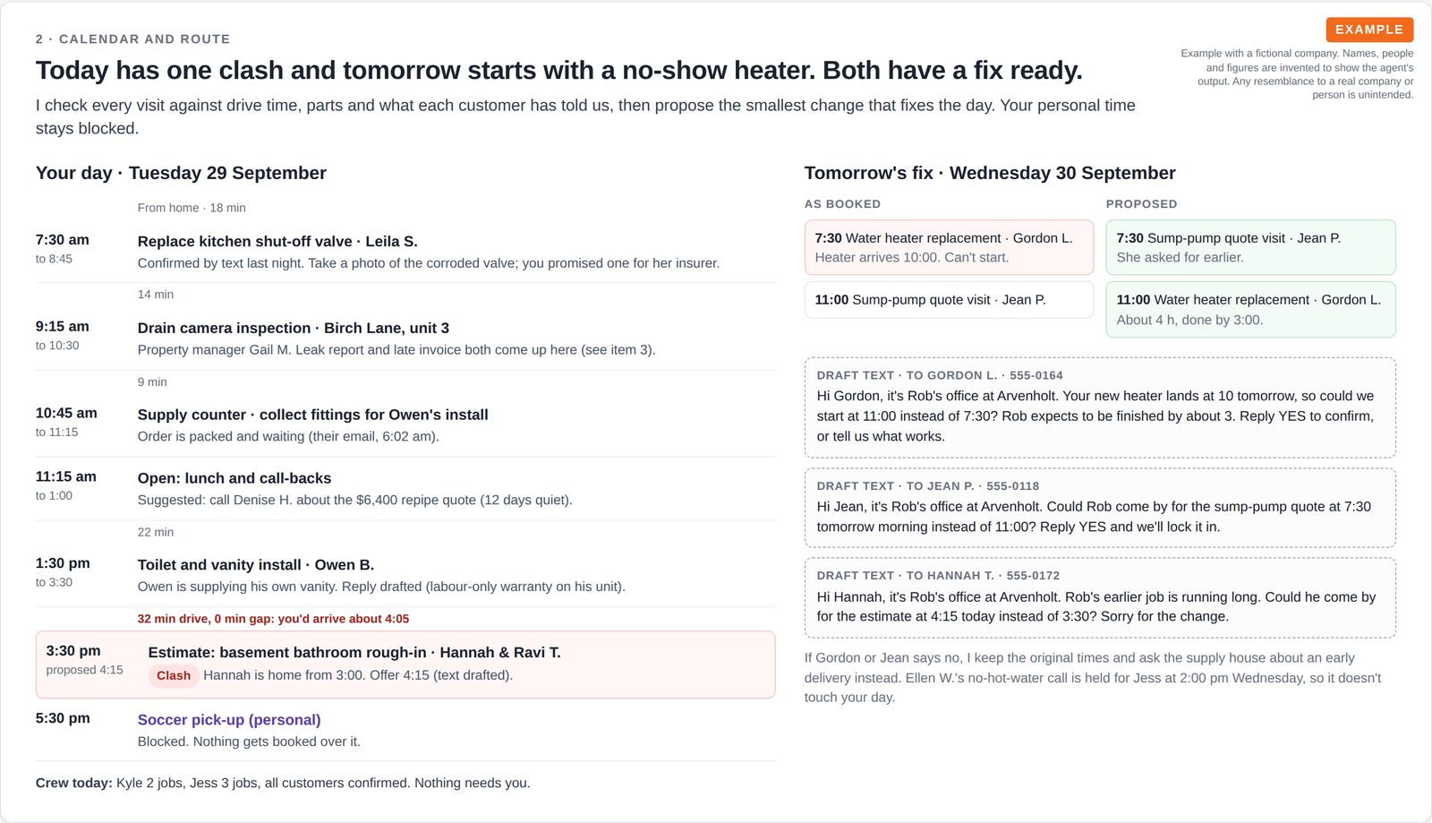 A day timeline for a plumber with drive times and one flagged clash, beside a before-and-after swap of two appointments and three drafted customer texts.