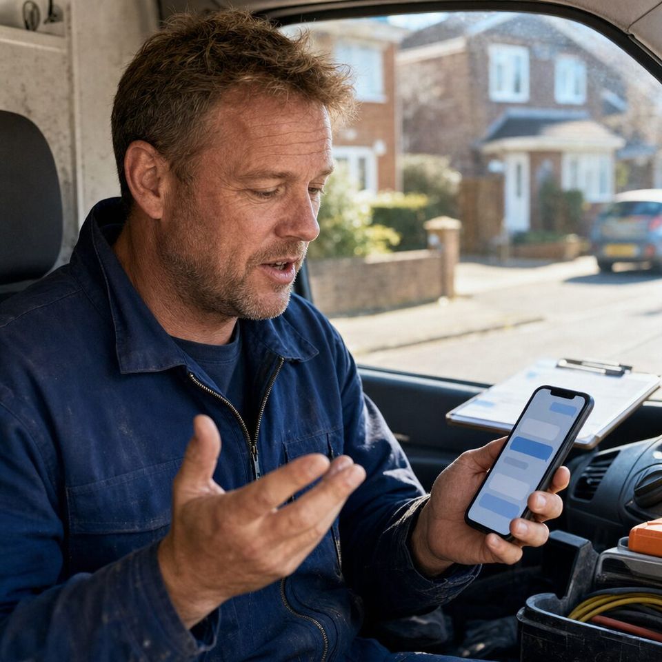 Illustrative photo: the owner of a plumbing business asks the Phone & Text Assistant for help from their phone.