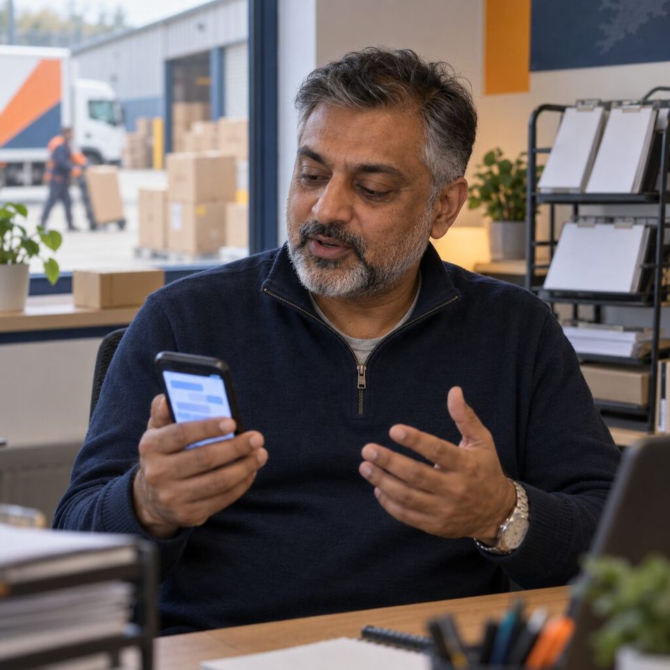 Illustrative photo: the digital lead of a removals and storage company asks the build orchestrator for one well-defined task, with evidence back.