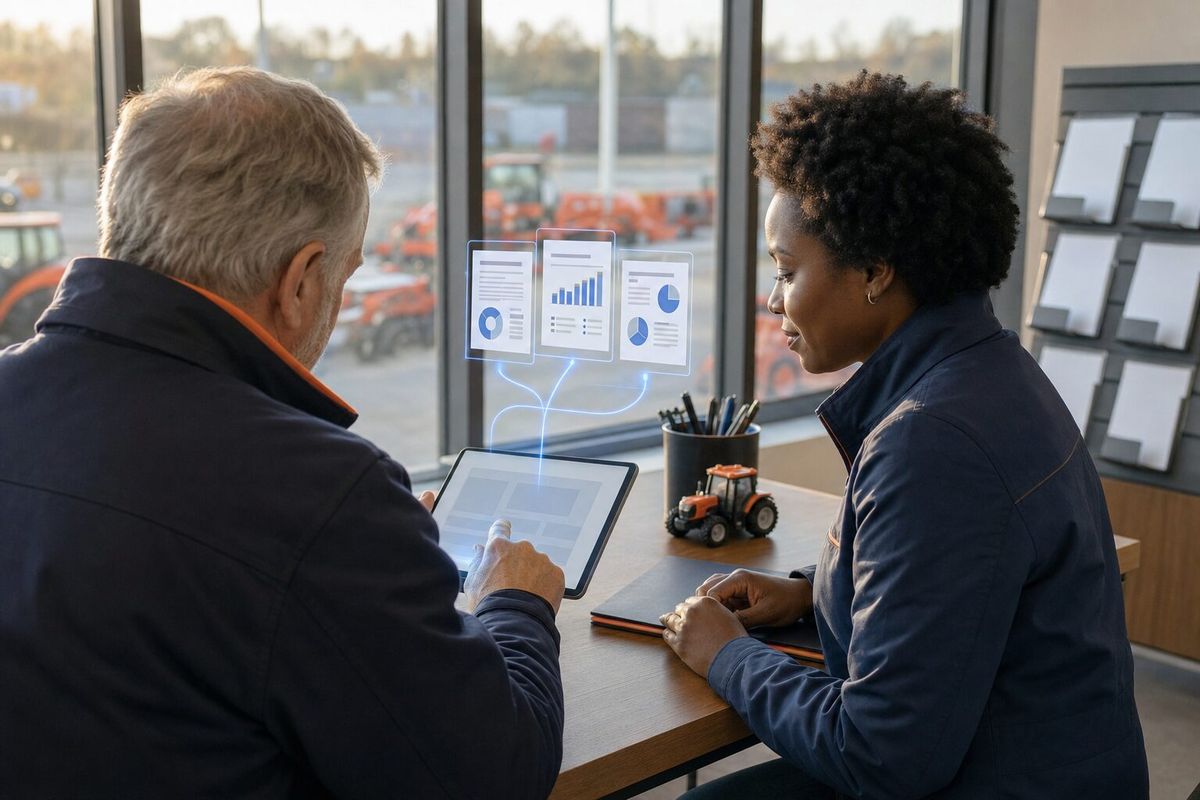 Illustrative photo: the Expense Manager at work for the owner and sales representative of a family-run farm-equipment dealer, laying out results as blue panels above a tablet.