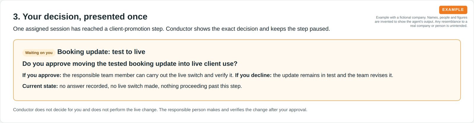 A clear client-promotion decision shown as waiting, with the live switch explicitly paused.
