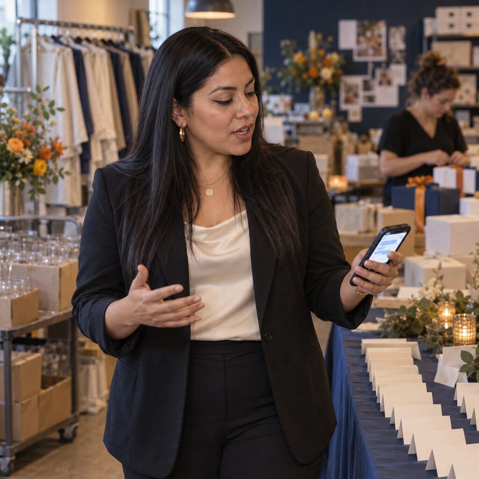 Illustrative photo: the operations lead at a regional wedding and events planning company asks the Conductor for help from their phone.