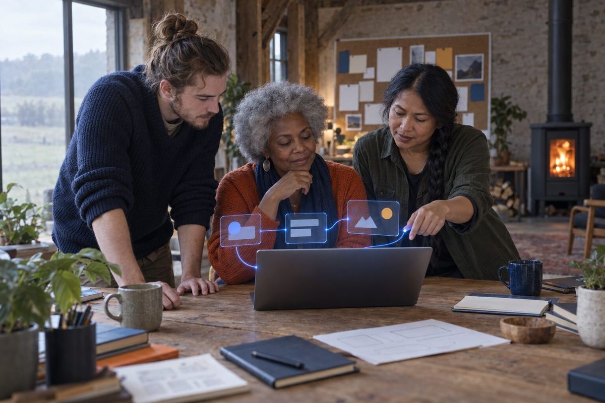 Illustrative photo: the GS Architect at work for the people behind a small independent game studio, laying out results as blue panels above a laptop.