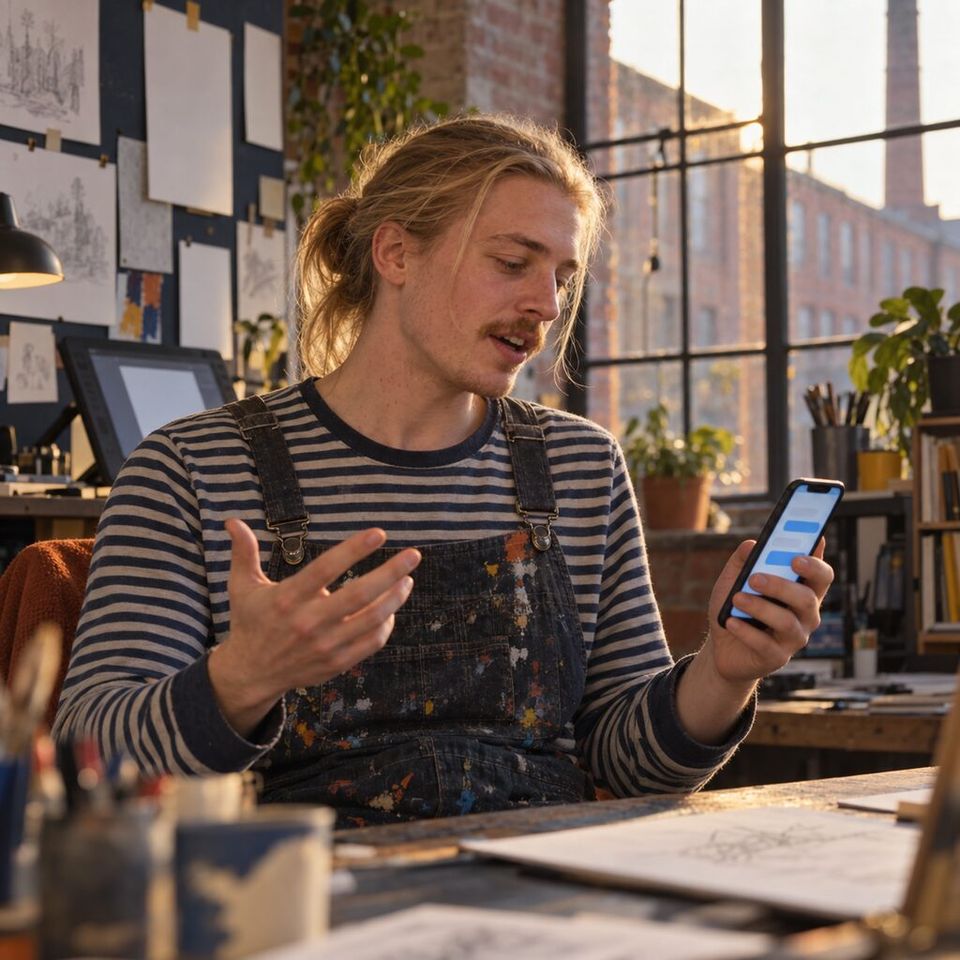 Illustrative photo: the art lead of a small game studio asks his studio for a few possible looks from his phone.