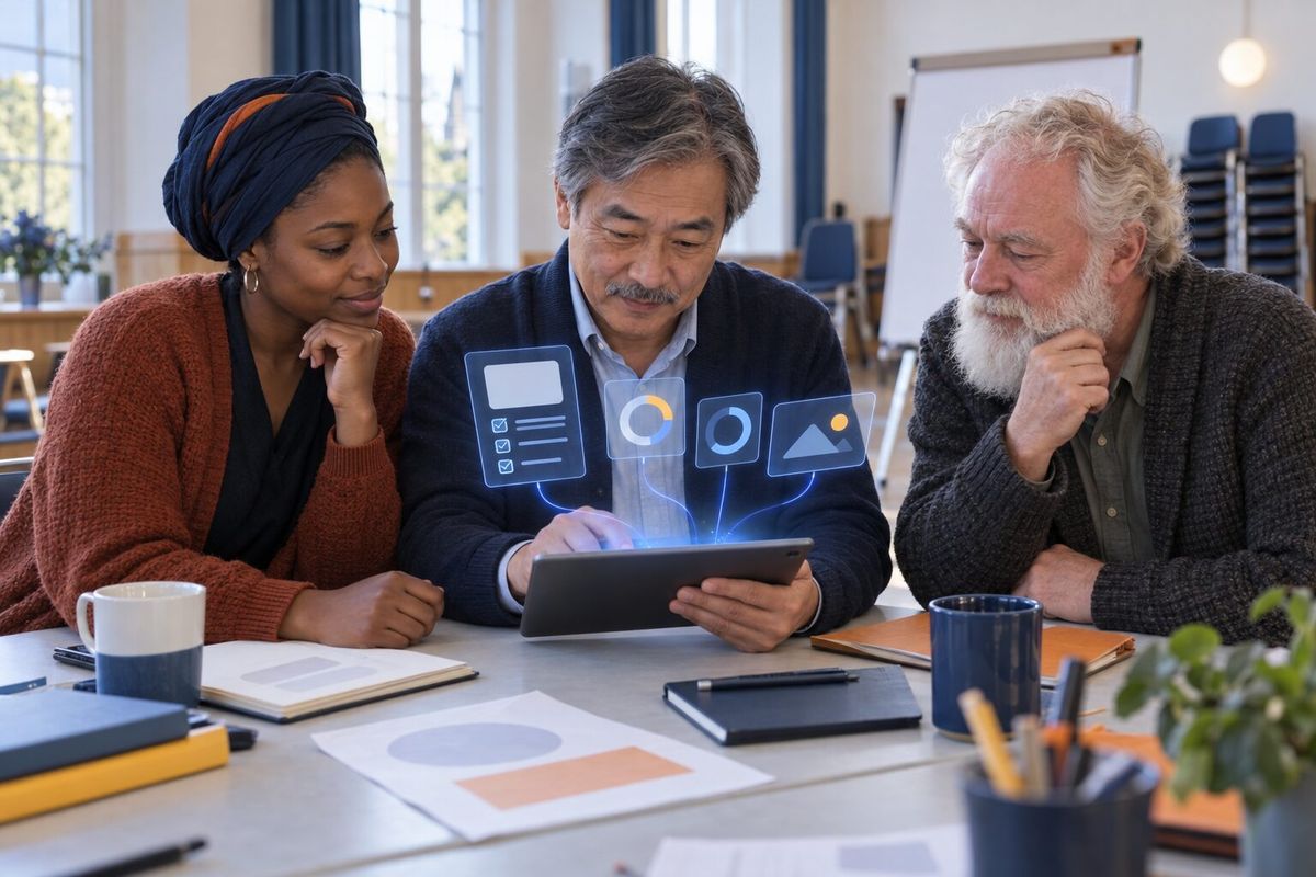 Illustrative photo: the GS Coach at work for the small crew of an educational game studio, laying out results as blue panels above a tablet.