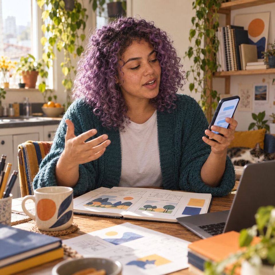 Illustrative photo: the lead designer of a small puzzle game studio asks her studio for the game design from her phone.