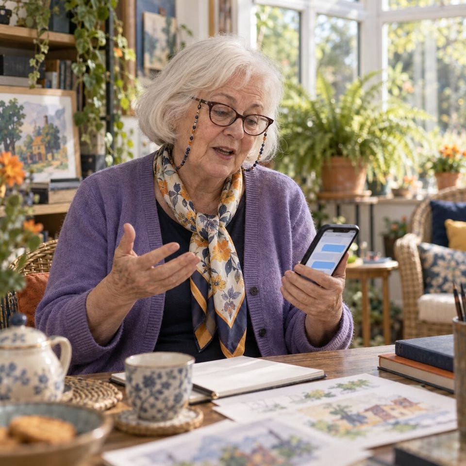 Illustrative photo: a retired librarian who has started a small hobby game studio asks the GS Mentor for help from their phone.