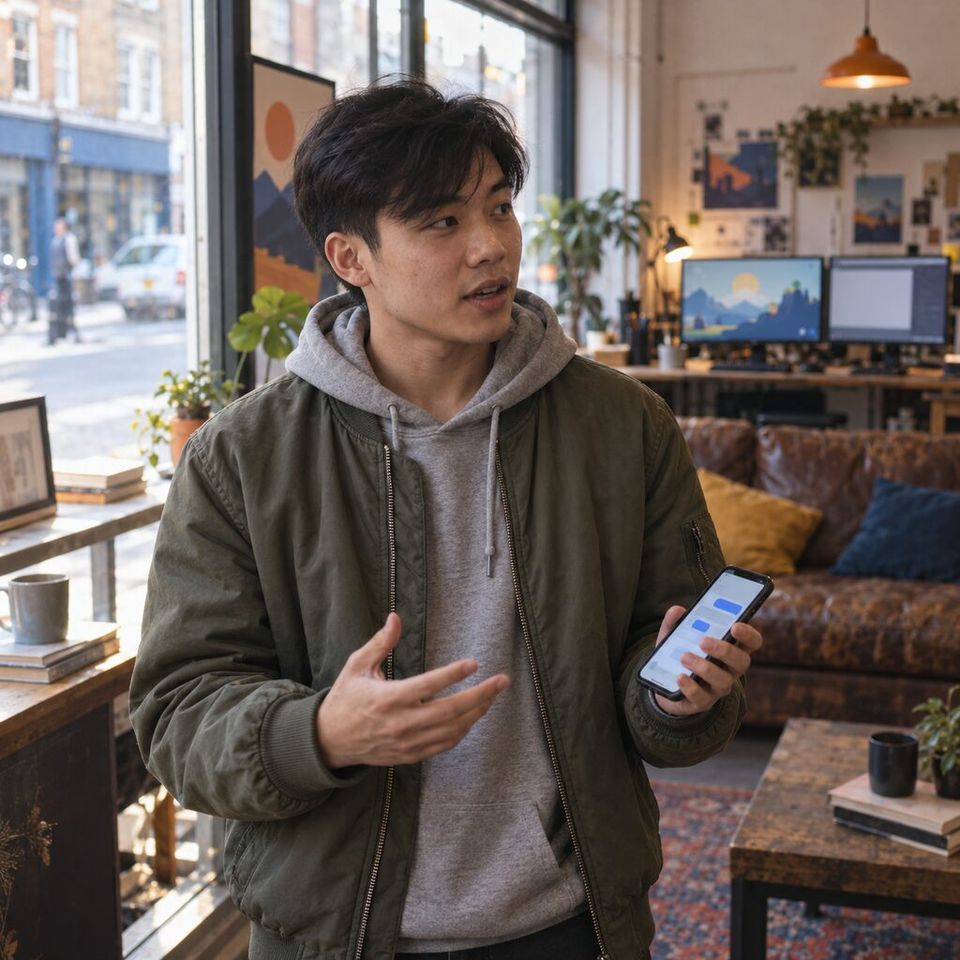 Illustrative photo: the founder of a tiny independent game studio in a converted corner shop asks the GS Producer for help from their phone.